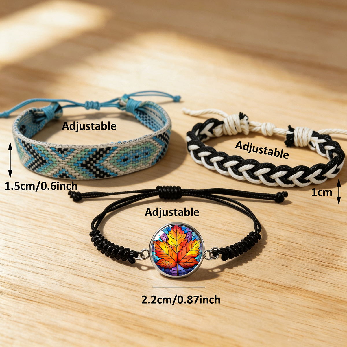 3pcs Artistic Woven Bracelet Set with Maple Leaf Art Print